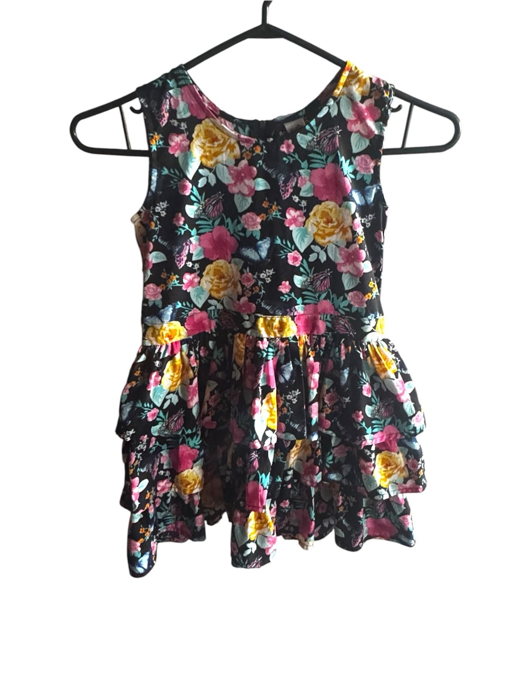 YEAQP Black & Colourful Floral Ruffle Dress Size 8 Girl
